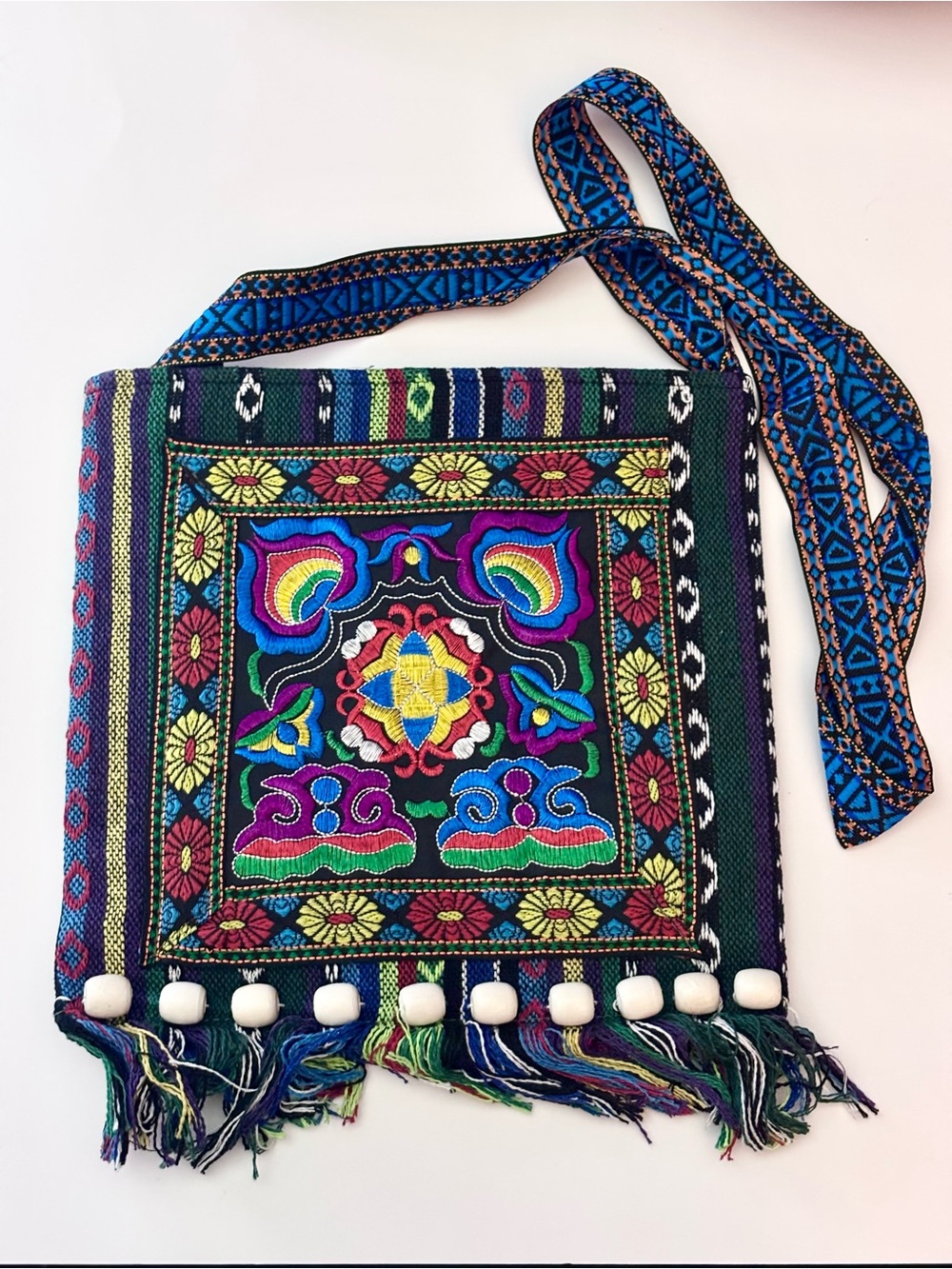Bohemian Hand Embroidered Fringe Crossbody Bag - Multicolor